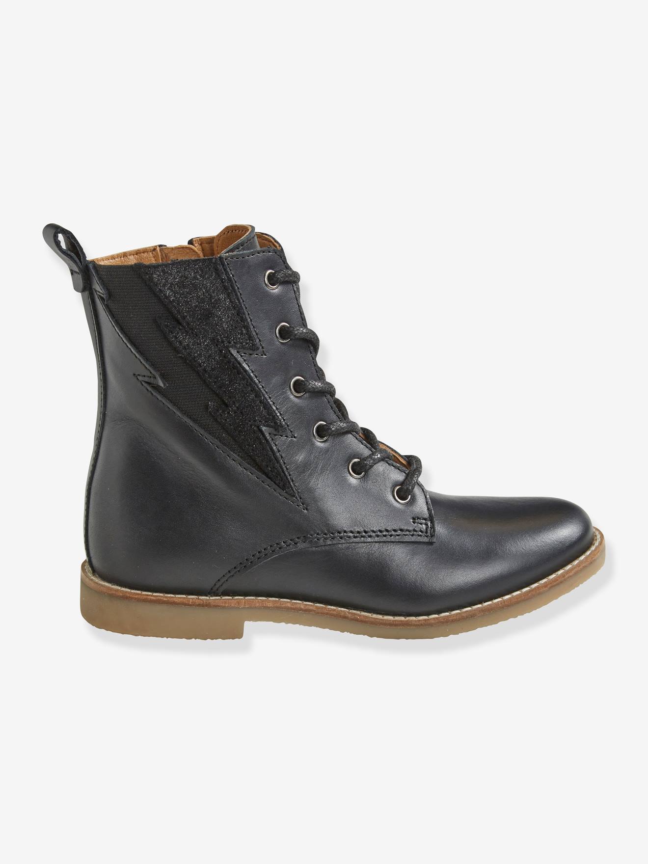 Botas de cano curto em couro com cadarço e zíper, para meninas, cor preta lisa.