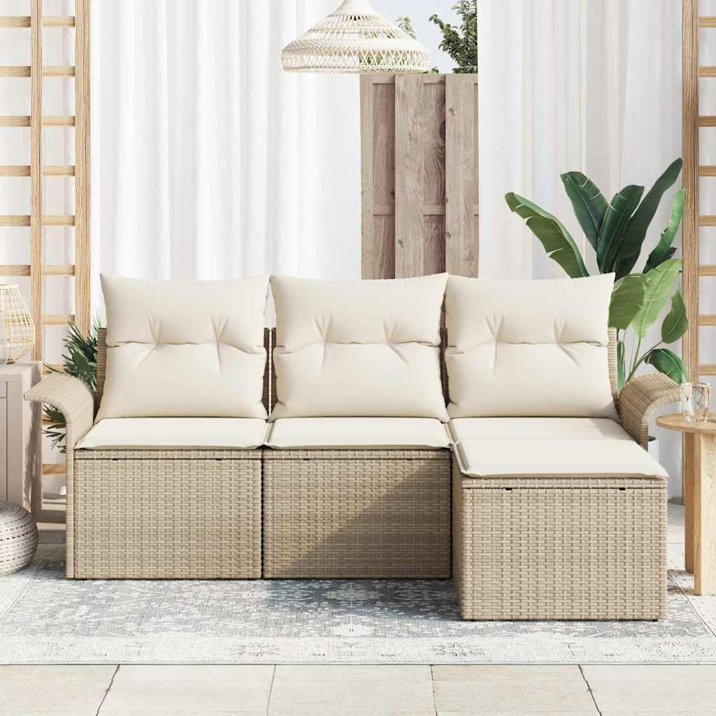 Gartensofa-Set, 4-teilig, Beige Poly-Rattan, mit Kissen, Akazienholz-Akzenten, modulares Outdoor-Möbelset für Terrasse, Balkon, Garten