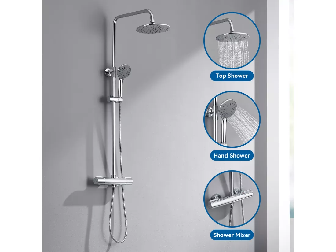 Colonne de Douche Thermostatique Chromé,Hauteur Réglable Set de Douche Douchette avec 3 Jets D’eau+Porte Serviette Salle Bain Adhésif/Perçage,Brossé