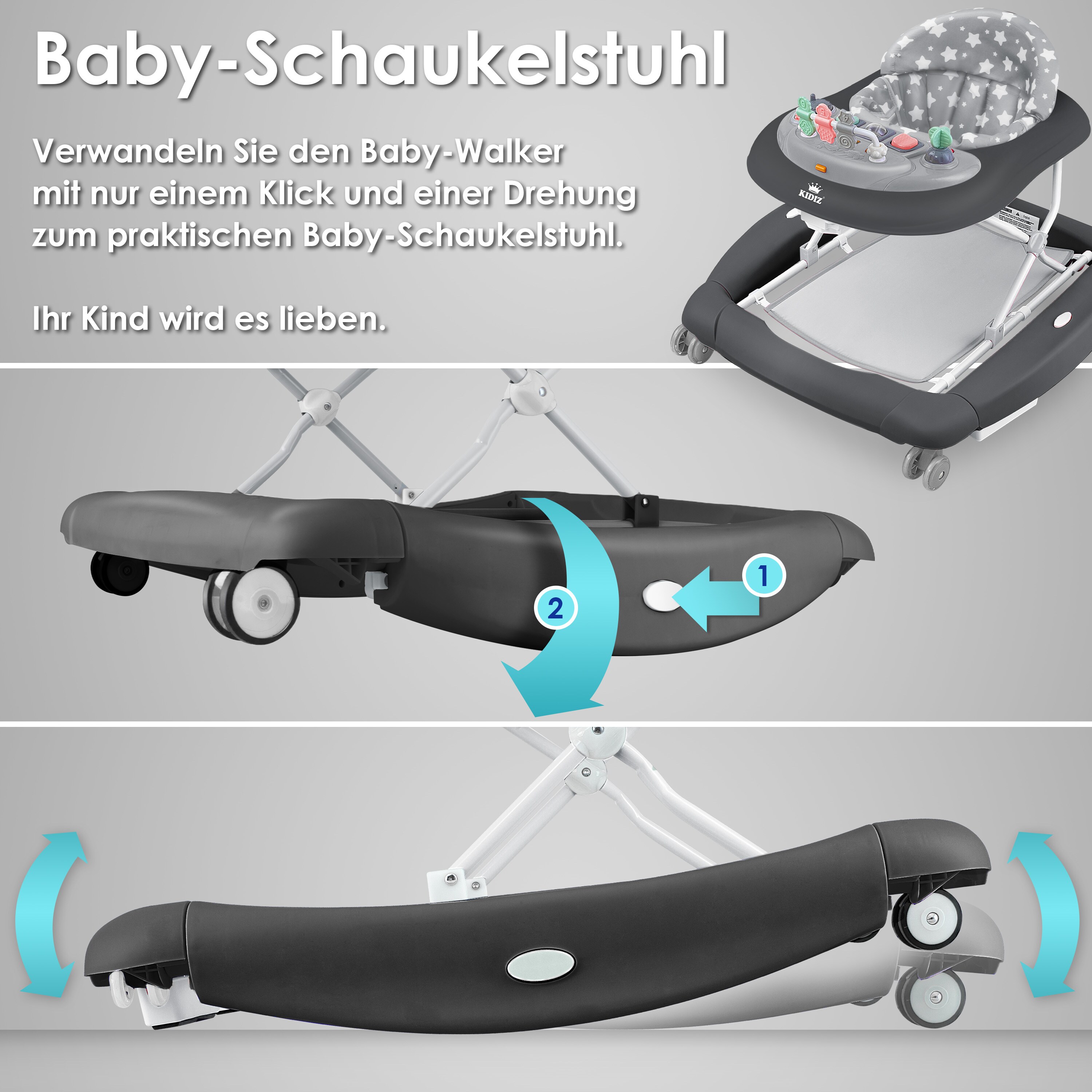 KIDIZ® 4in1 Lauflernhilfe Babywalker Spiel- und Lauflernwagen Gehfrei - Schaukelfunktion Babywippe mit Rollen, Licht, Musik ,Spielecenter Esstisch Laufstuhl Laufhilfe babys ab 6 Monaten Klappbar