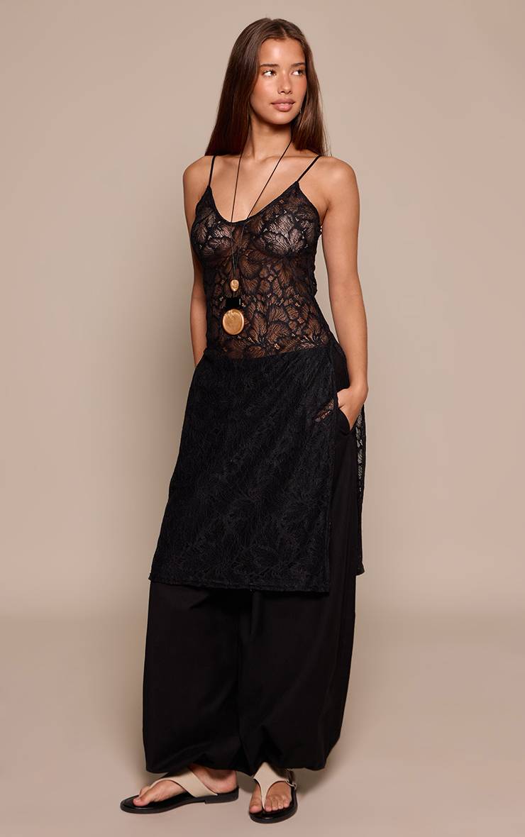 Noir Top Long En Dentelle Extrême