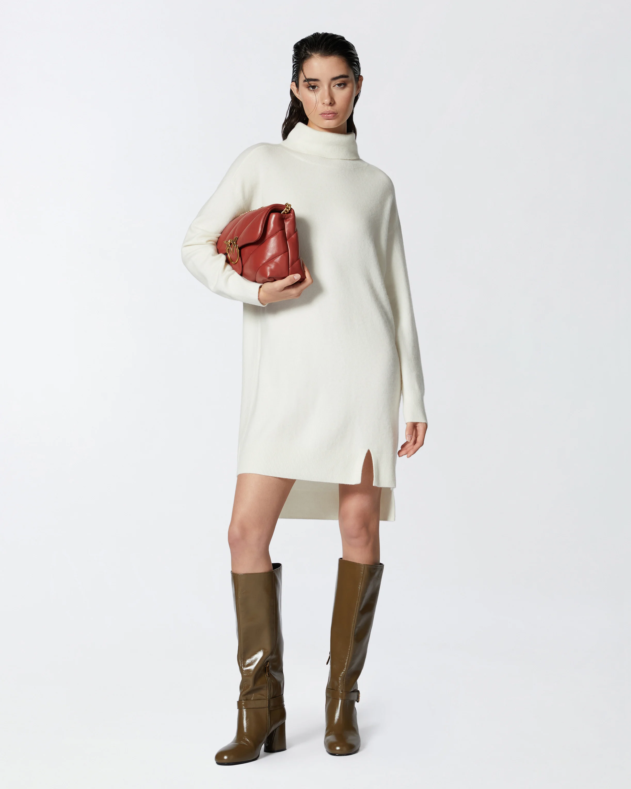 Robe à col roulé mélangé fendue sur le devant | Blanc