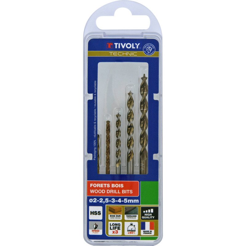 Coffret de 5 forets bois Tivoly Technic gradués de Ø 2 à 5 mm