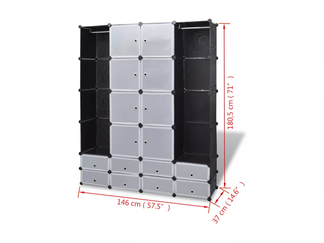 Armoire modulaire 18 compartiments Noir et blanc 37x146x180,5cm