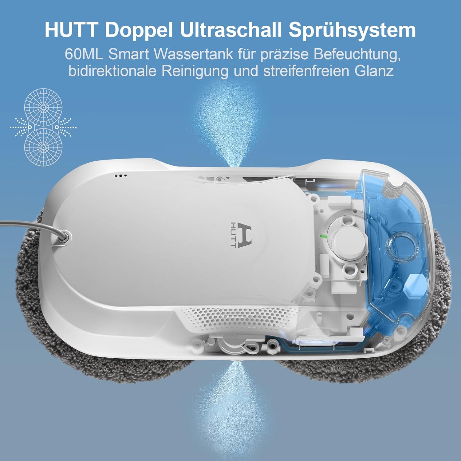 HUTT DDC56 Fensterputzroboter Doppelstrahl mit Ultraschall Sprühfunktion, Elektrischer Fensterputzer Fernbedienung mit Doppelter Wassertank Tank, Fensterkantenerkennung