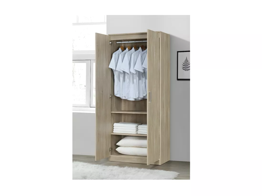 Armoire \ Garde robe SAVIS, 2 portes, contemporaine chêne Sonoma et poignées grises.