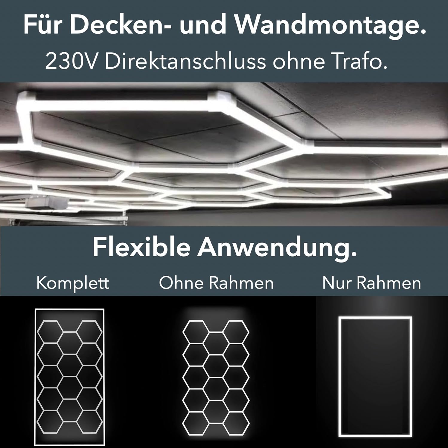 lambado® Hexagon LED Deckenleuchte | Garagenbeleuchtung LED Werkstattbeleuchtung | Fitnessstudio Barber Shop Salon Ausstellung | 14er Set inkl. Rahmen | Farbtemperatur 6500K Weiß
