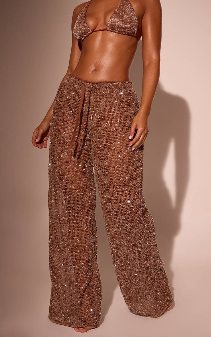 Marron Pantalon De Plage Transparent À Sequins Avec Cordon De Serrage