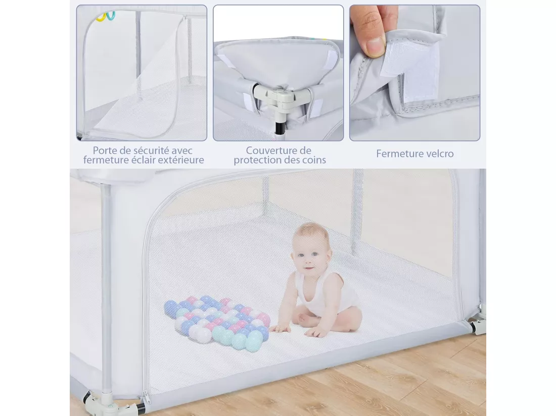 Parc Bébé Pliable 124 x124cm avec Hauteur Scientifique 70cm, Parc de Jeux en Tissu Oxford avec Maille Respirante, 50 Balles Océaniques, 4 Poignées (Gris clair)