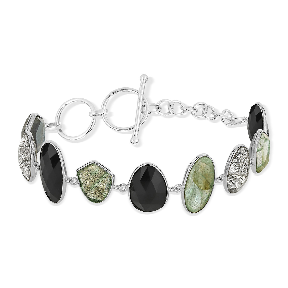 Bracelet argent 925 onyx noirs labradorites et quartz gris 18,5 cm