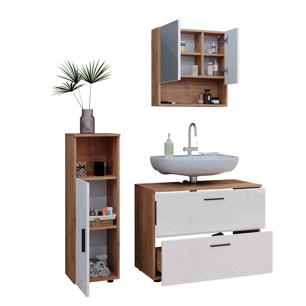 Vicco Badmöbelset Irma Eiche Weiß Hochglanz modern Badezimmerschrank Badschrank Badezimmermöbel Waschtischunterschrank Spiegelschrank Midischrank Schrankschublade Schranktür Schrankfach