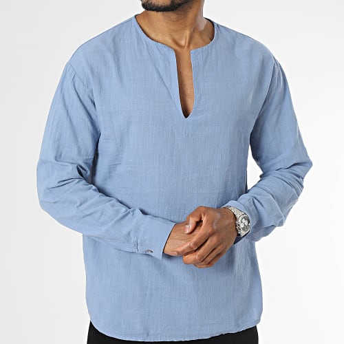 Chemise Manches Longues Col V Bleu Ciel Chiné