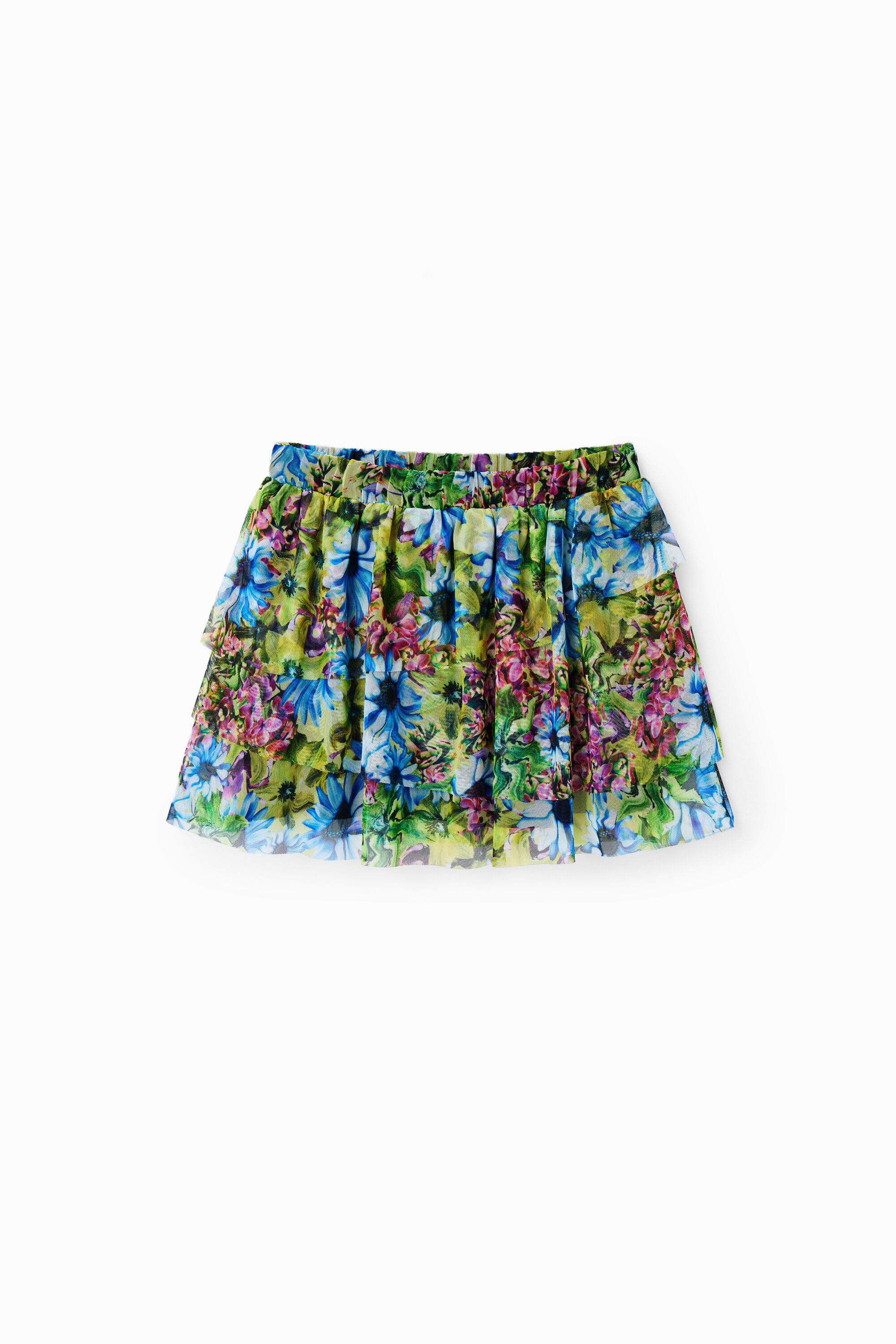 Mini-jupe tulle fleuri volants