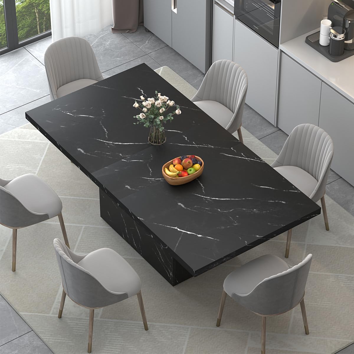 HSH Schwarzer Esstisch, Moderner Küchentisch aus Holz Design, Großer Tisch für 6 bis 8 Personen, Rechteckig Esszimmertisch Holztisch für Zuhause, Büro, Wohnzimmer, Schwarz 180 cm
