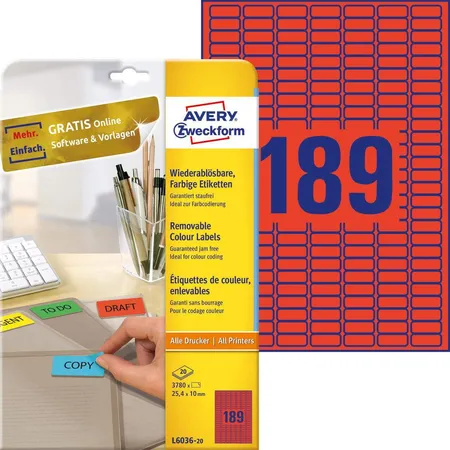 Avery Zweckform L6036-20 Farbige Etiketten,A4 25,4 x 10 mm, 20 Bogen/3.780 Etiketten, rot