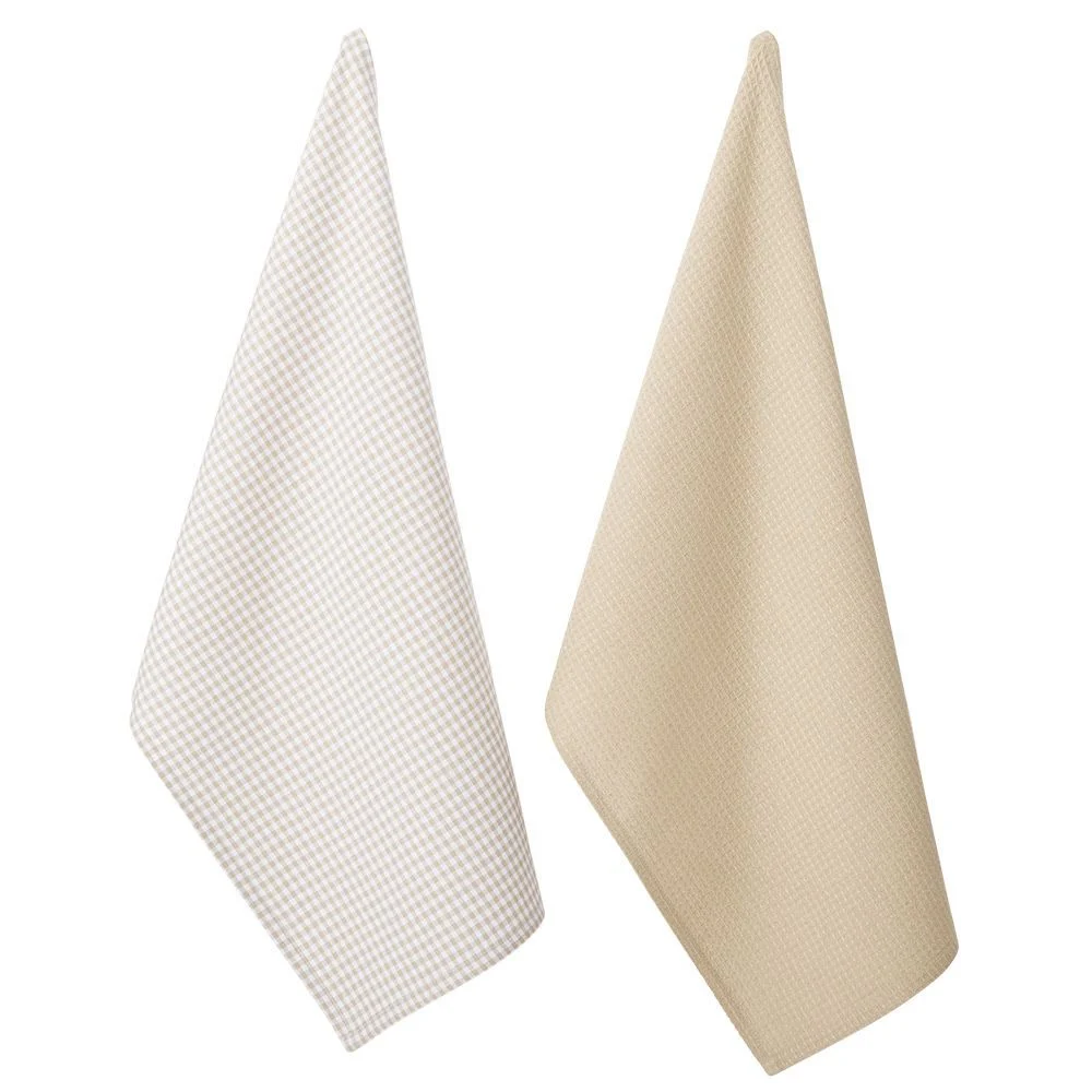 Torchon blanc et beige x2 - 100% coton 45x70cm