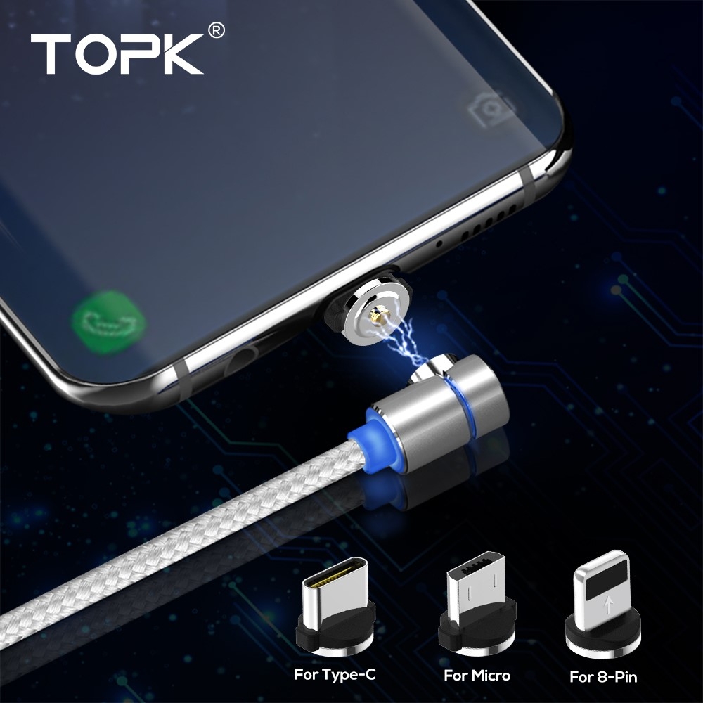 (1m) 3in1 Magnetisches Elbow USB Ladekabel Nylon Geflecht - Apple Lightning / Micro USB / USB C - Silber