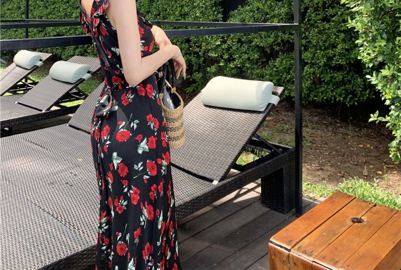 Moanum - Mouwloze maxi-A-lijnjurk met vierkante hals en bloemenprint en ruches