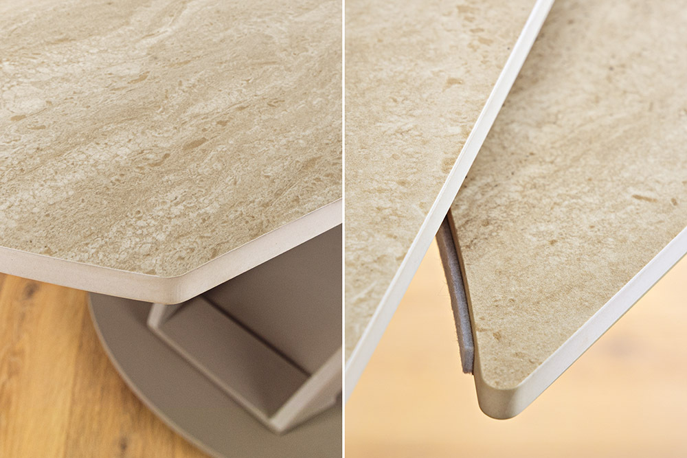 Ausziehbarer Esstisch INCEPTION 130-190cm oval Travertin Keramik champagner greige
