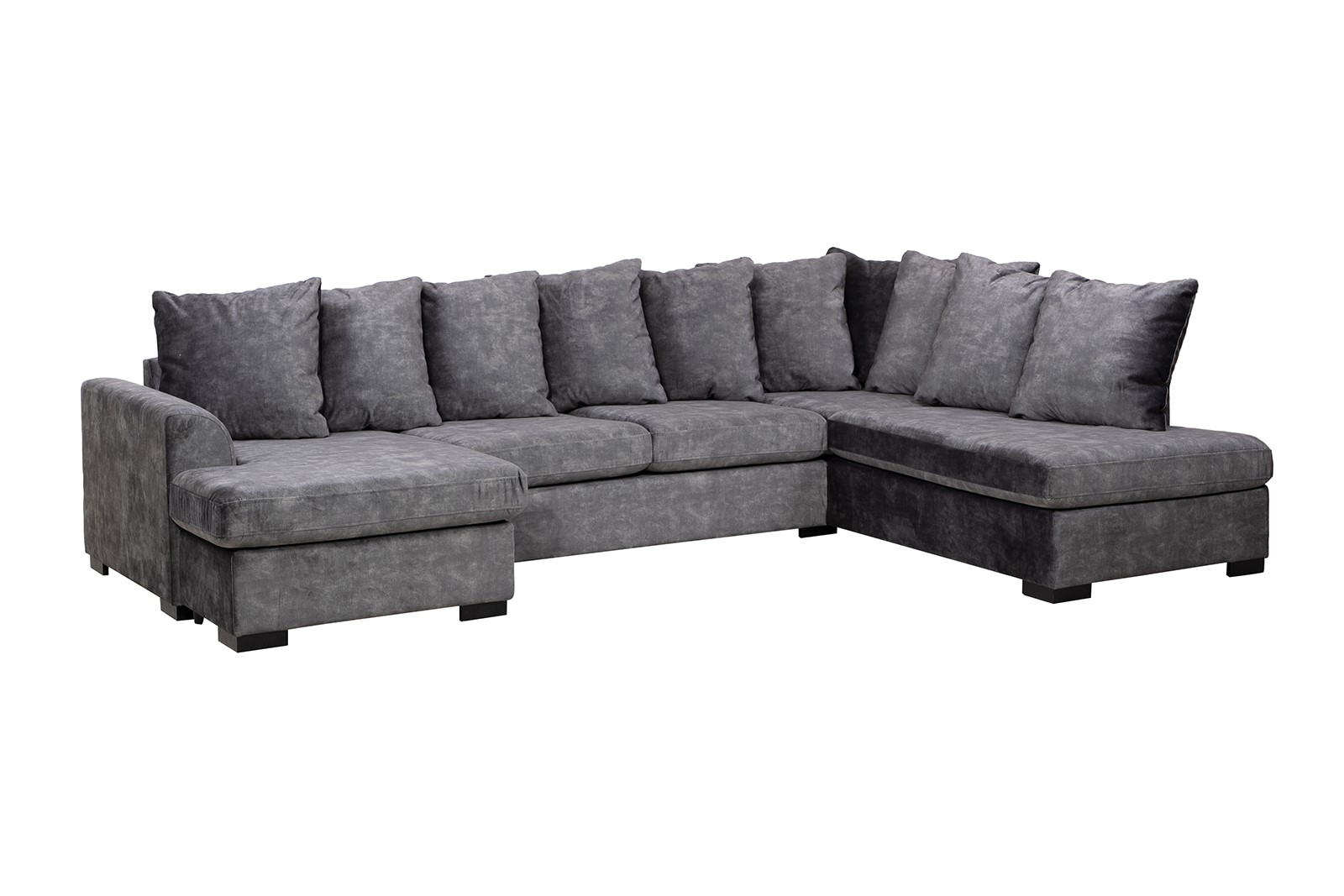 Boston hjørnesofa Åpen ende høyre med 2-seter og sjeselong venstre. i velurtekstil Fuji Antrasitt og sorte ben.