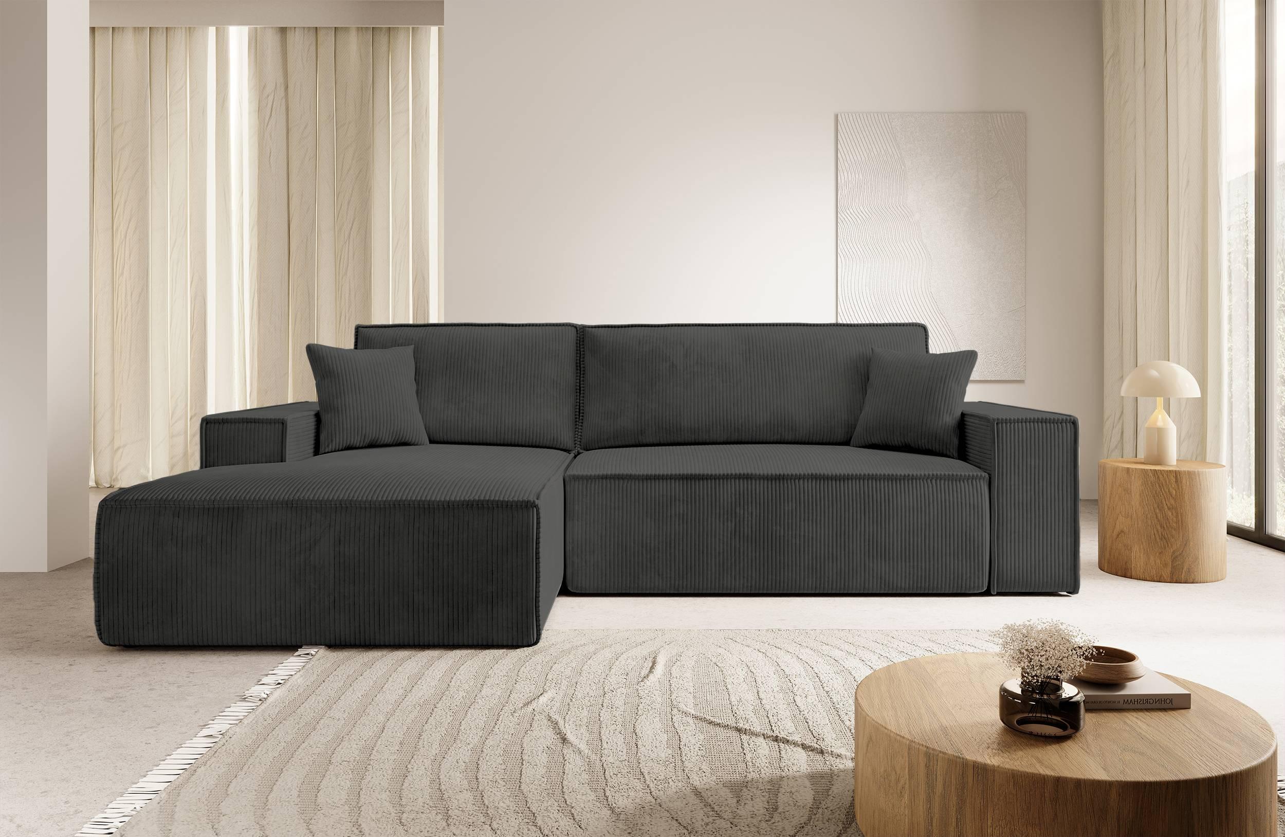 NADUVI Collection Galine Hoekbank met Chaise Longue Links met Slaapfunctie - Ribstof - Antraciet