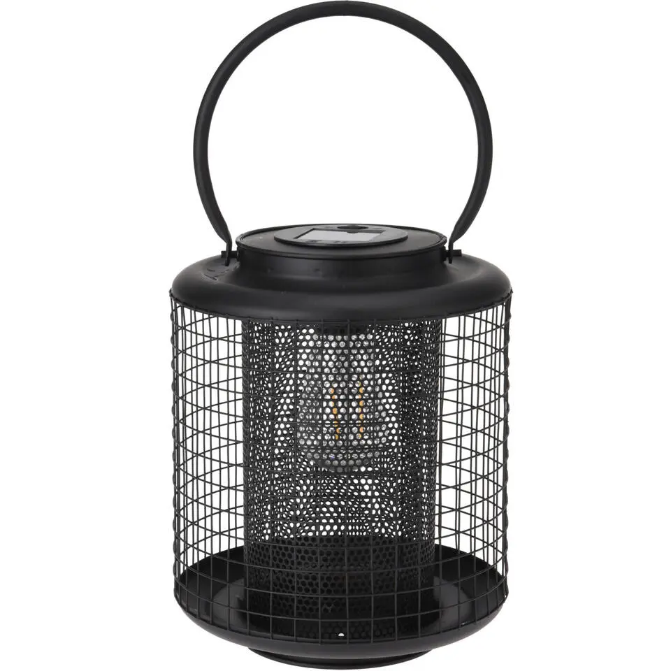 Excellent houseware Lantaarn - solar - LED - rond - zwart - 22 cm