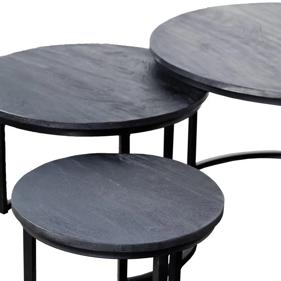 Salontafel Rond - Mangohout Zwart - Set Van 3 - Tres