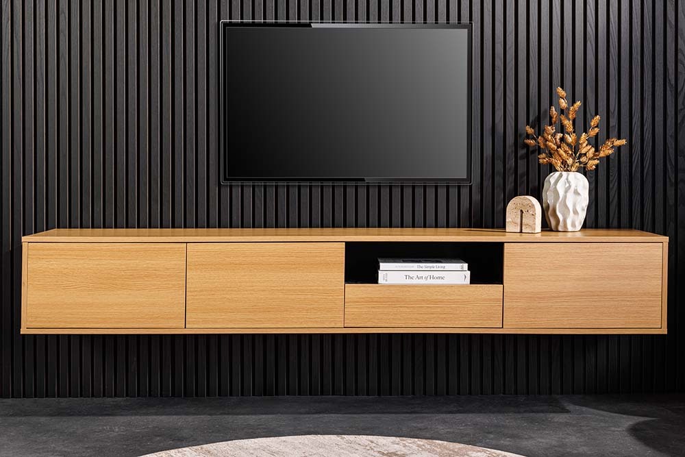 Hängendes TV-Board LOFT 200cm natur schwarz sieben Fächer mit Schublade