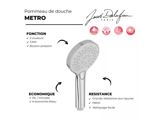 Pommeau de douche JACOB DELAFON Metro chrome, 3 jets Economie d'eau