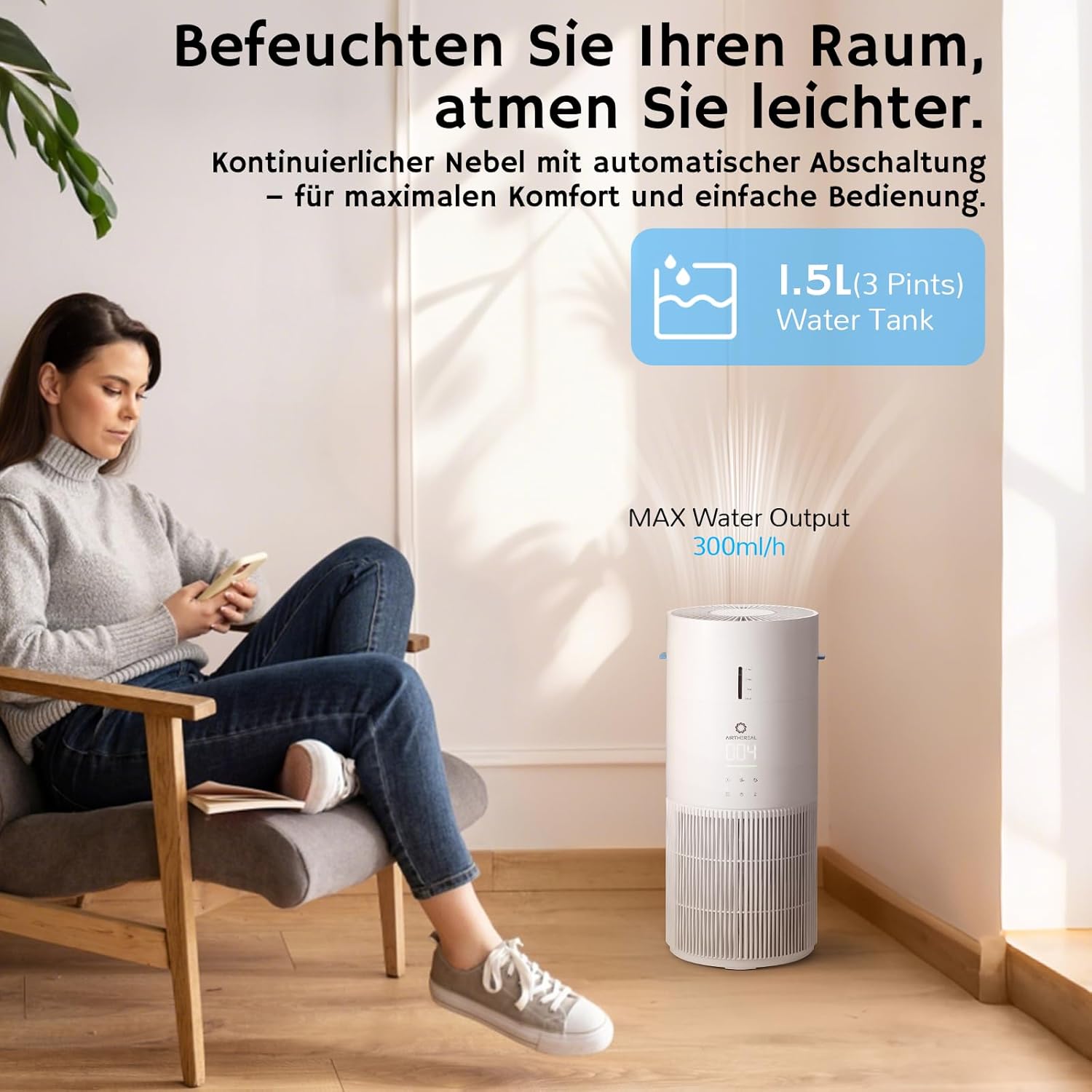 Airthereal 2-in-1 Luftreiniger mit Luftbefeuchter für bis zu 125 m², 3-Stufen-Filter, Luftqualitätsanzeige, Schlafmodus und Verdunstungsbefeuchter mit automatischer Feuchtigkeitsüberwachung, AEH300
