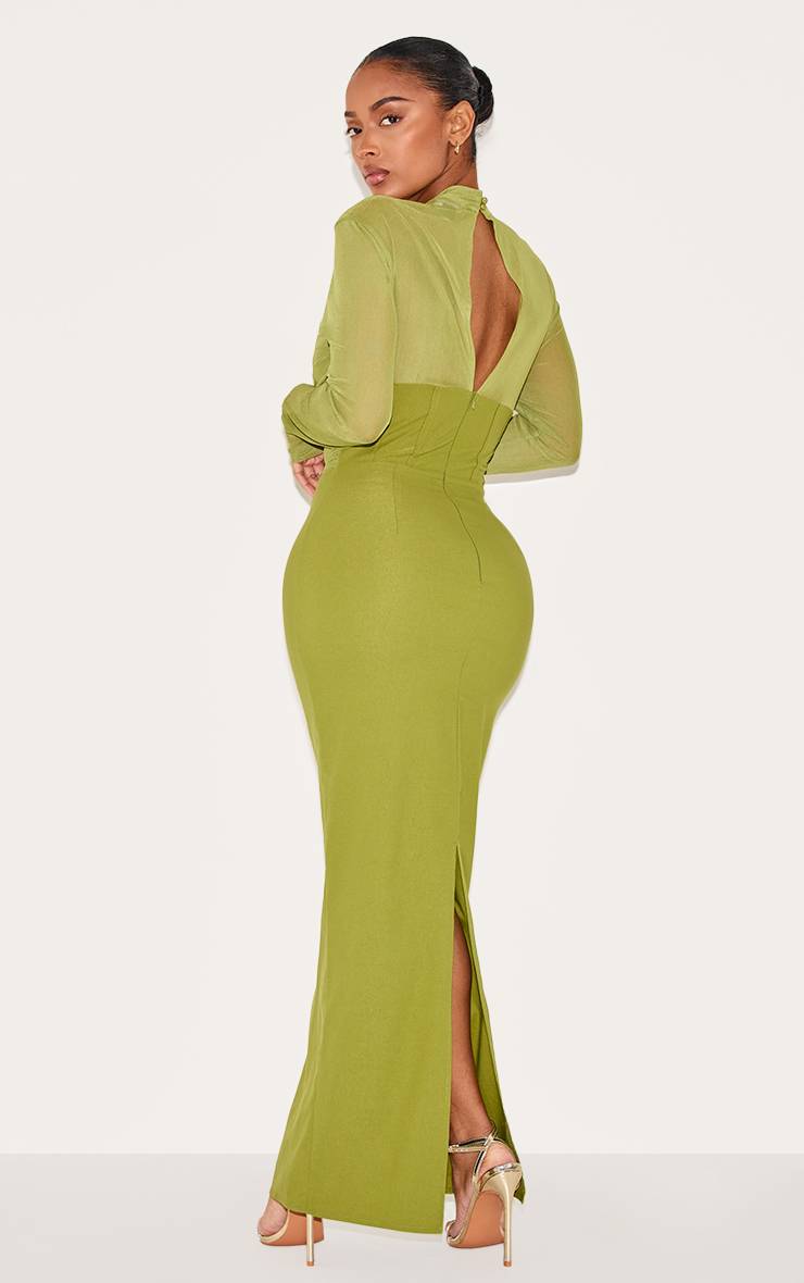 Vert Robe Longue Moulante En Résille À Manches Longues Avec Corset Froncé