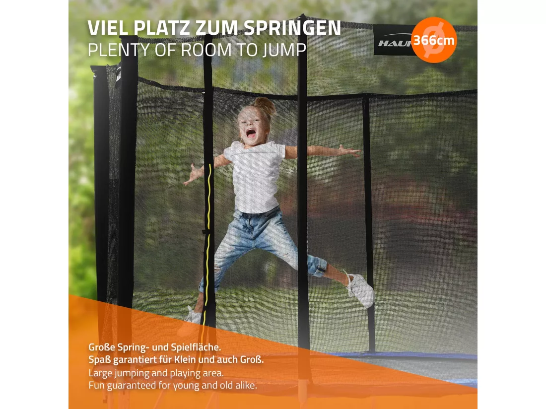 Hauki Trampoline Outdoor, Ø366 cm, bleu, certifié GS, trampoline de jardin rond pour enfants jusqu'à 150 kg, set complet avec filet de sécurité, échelle, couverture des bords, barres rembourrées, trampoline stable pour enfants