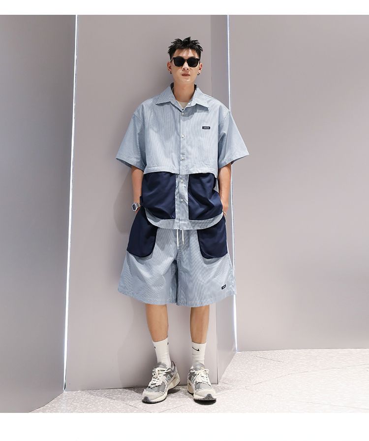 Wewewow - Set: Shirt met korte mouwen en kraag + Shorts met trekkoord in de taille