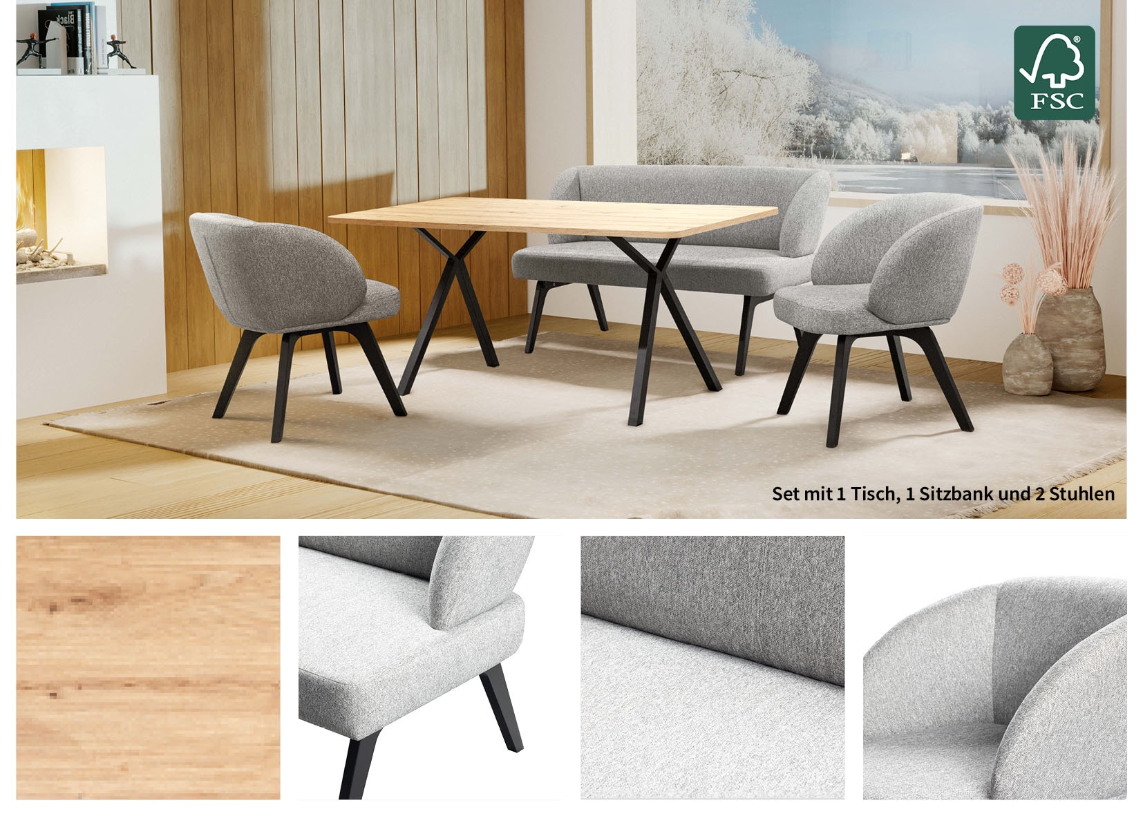 Home affaire Essgruppe »Aretha Esstischbank, Sitzgruppe, Küchenbank, Polsterbank« Set, 4er, 4 Stk. tlg. Esszimmer Sitzgruppe, Tisch, Stühle und Bank gepolstert, Nosagfederung