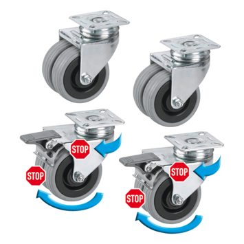Set 4st meubelwielen rubber met plaatbevestiging 19mm tot 300kg/set