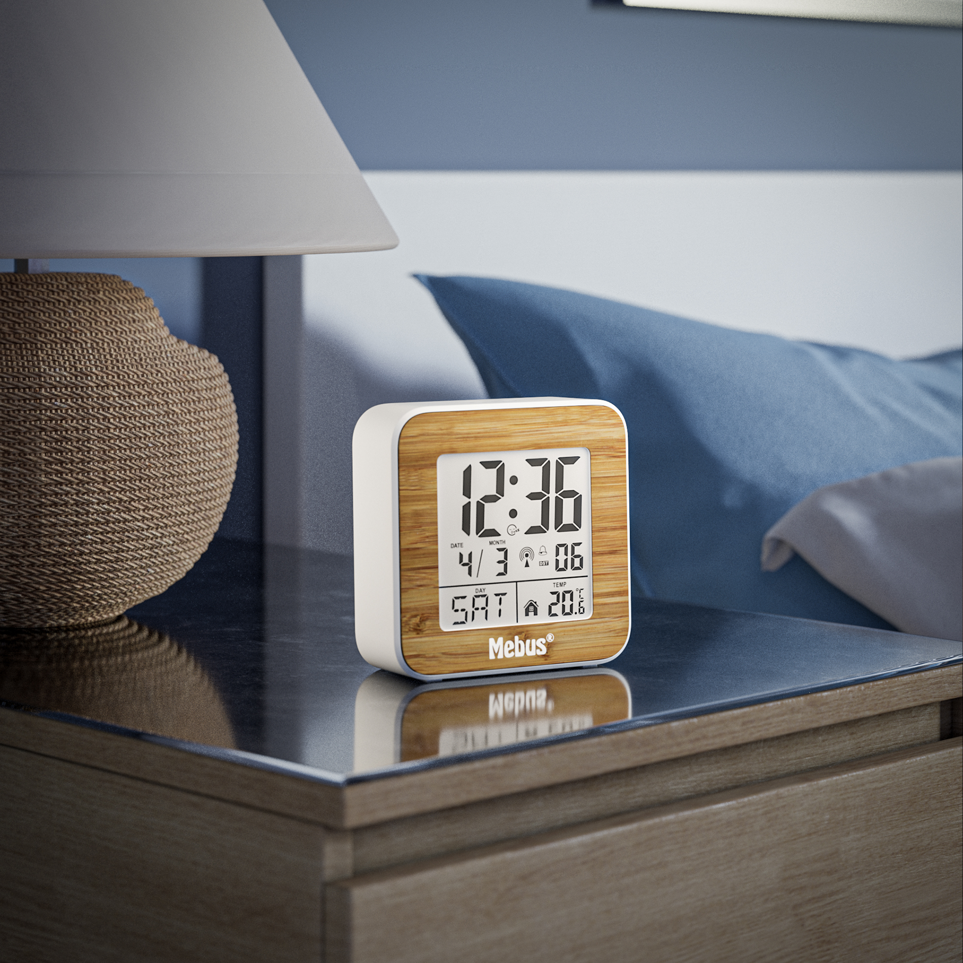 Funk-Wecker digital - weiß-Holzoptik - Innenthermometer