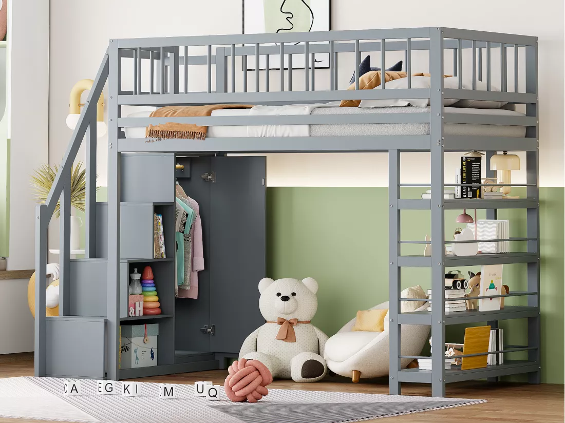 Lit mezzanine 90 x 200 cm - étagères + armoire + espace de rangement - bois massif - gris