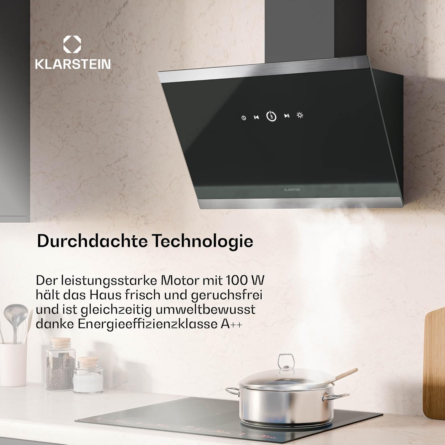 Klarstein FlashLine Dunstabzugshaube – 60 cm Kopffreihaube, Touchscreen, 524 m³/h, A++ Energieeffizienz, LED-Beleuchtung, leise 34,5 dB, Schwarz, Abluft- und Umluftbetrieb