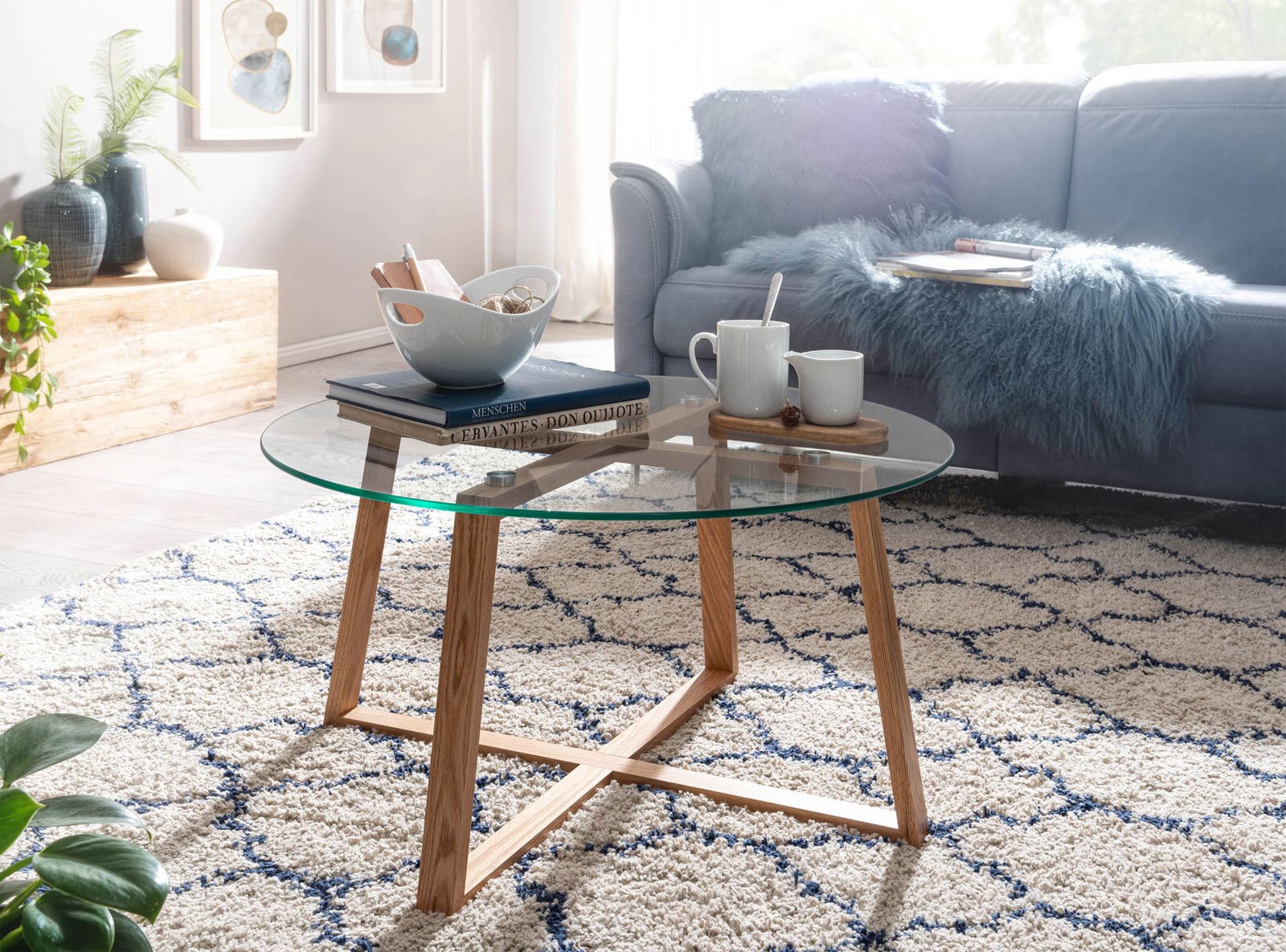 Couchtisch rund Ø 78 cm Klarglas/Eiche-Dekor
