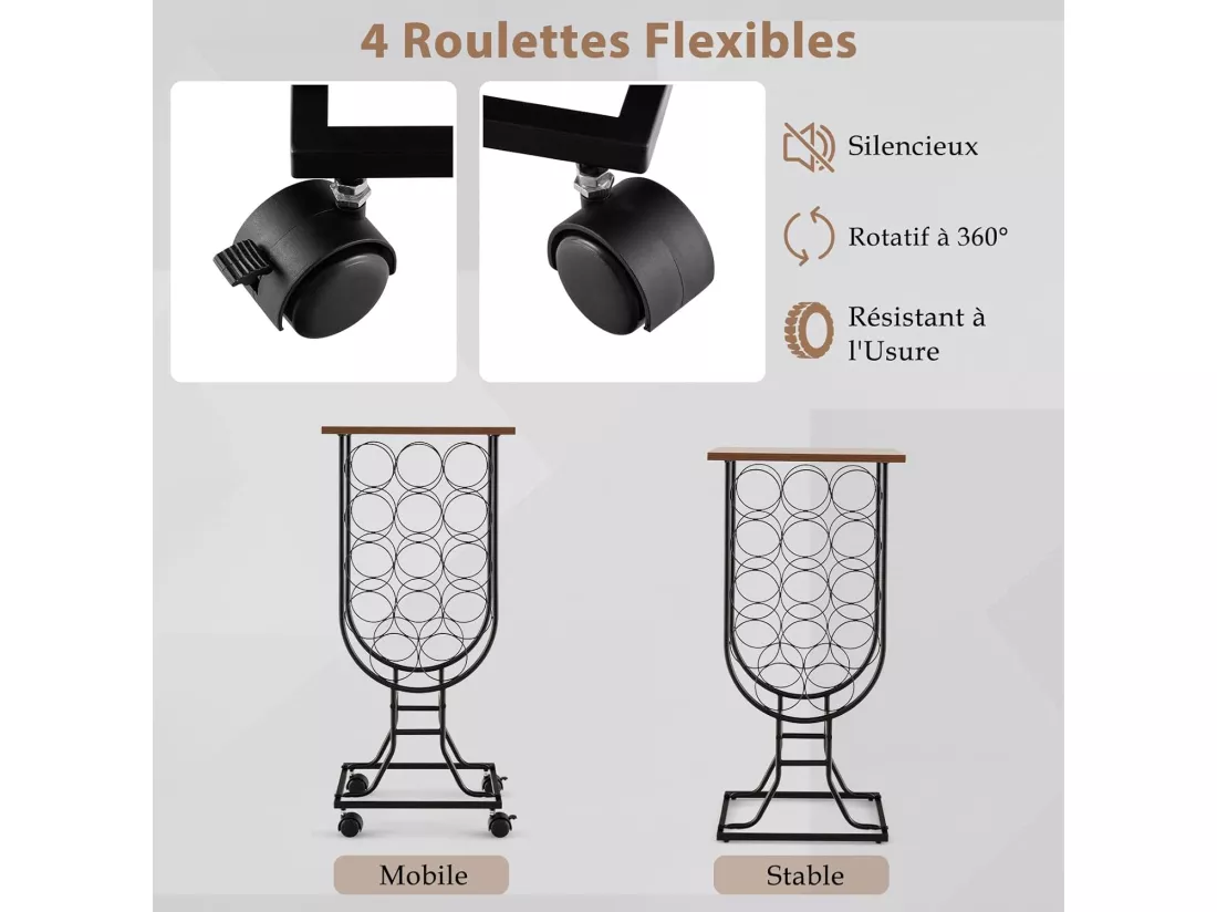 Casier à Vin Industriel en Métal pour 14 Bouteilles, Étagère à Vin Porte Bouteilles avec Roues Amovibles et Verrouillables, Cadre en métal solide, Style industriel