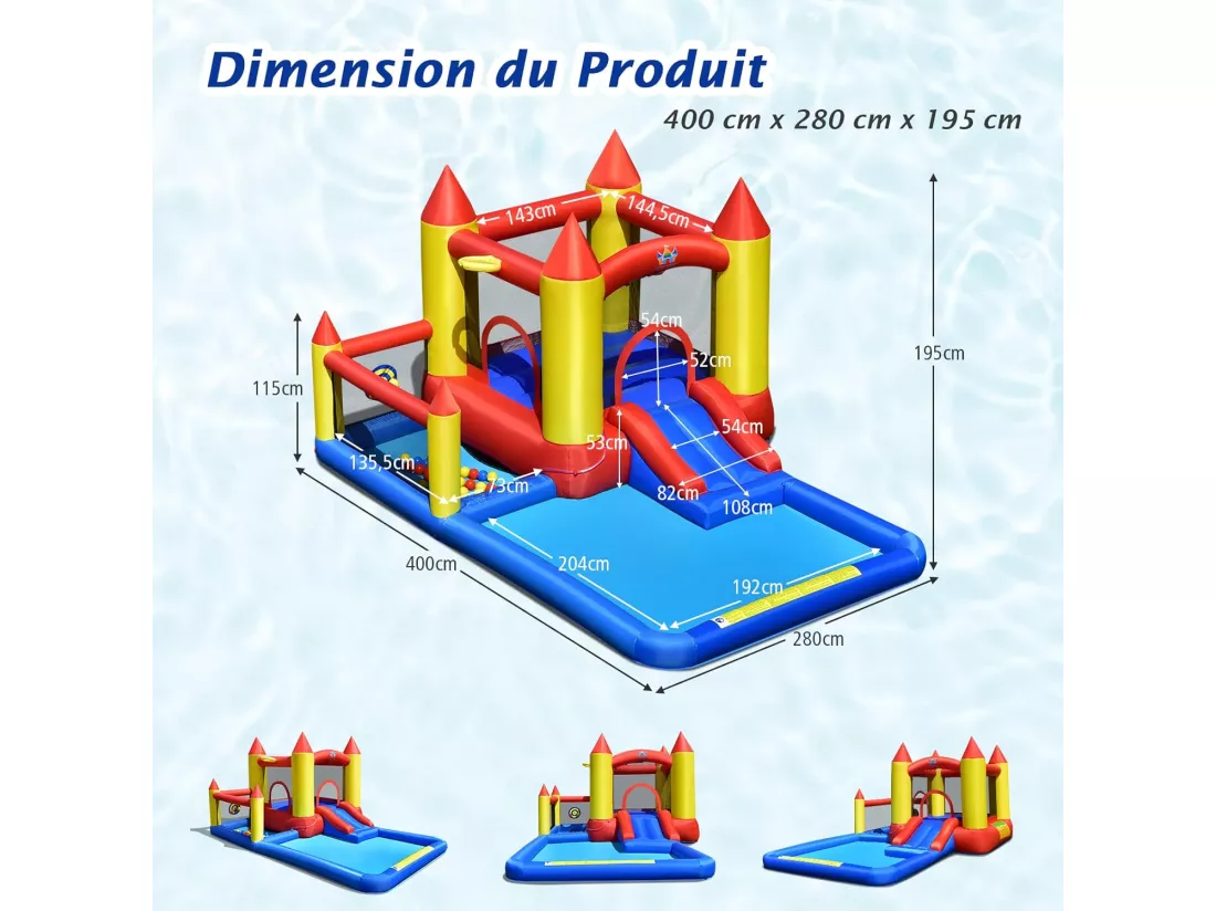 Toboggan Aquatique Gonflable Gonfleur 480W Zone de Saut,Pataugeoire,Piscine à Balles,Panier de Basket-ball,Jeu de Lancer