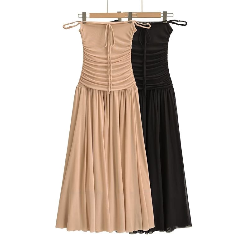 Larlige - Off-Shoulder Effen Geplooide Mesh Maxi A-lijn Jurk met Striksluiting