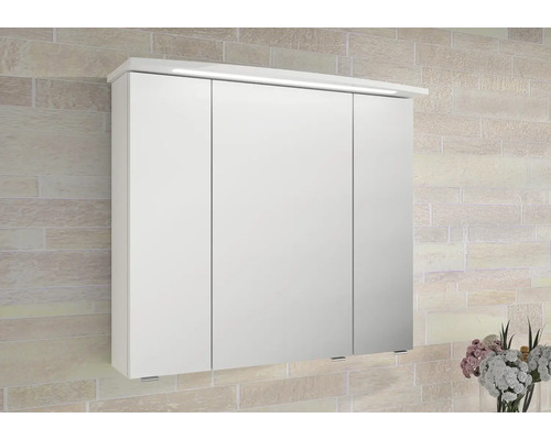 Badkamermeubelset Pelipal serie 4010, afmetingen (B x H x D): 84 x 200 x 45 cm, fronten in hoogglans wit. 4-delige badkamermeubelset bestaande uit een witte keramische wastafel, badmeubel en spiegelkast met ledverlichting.