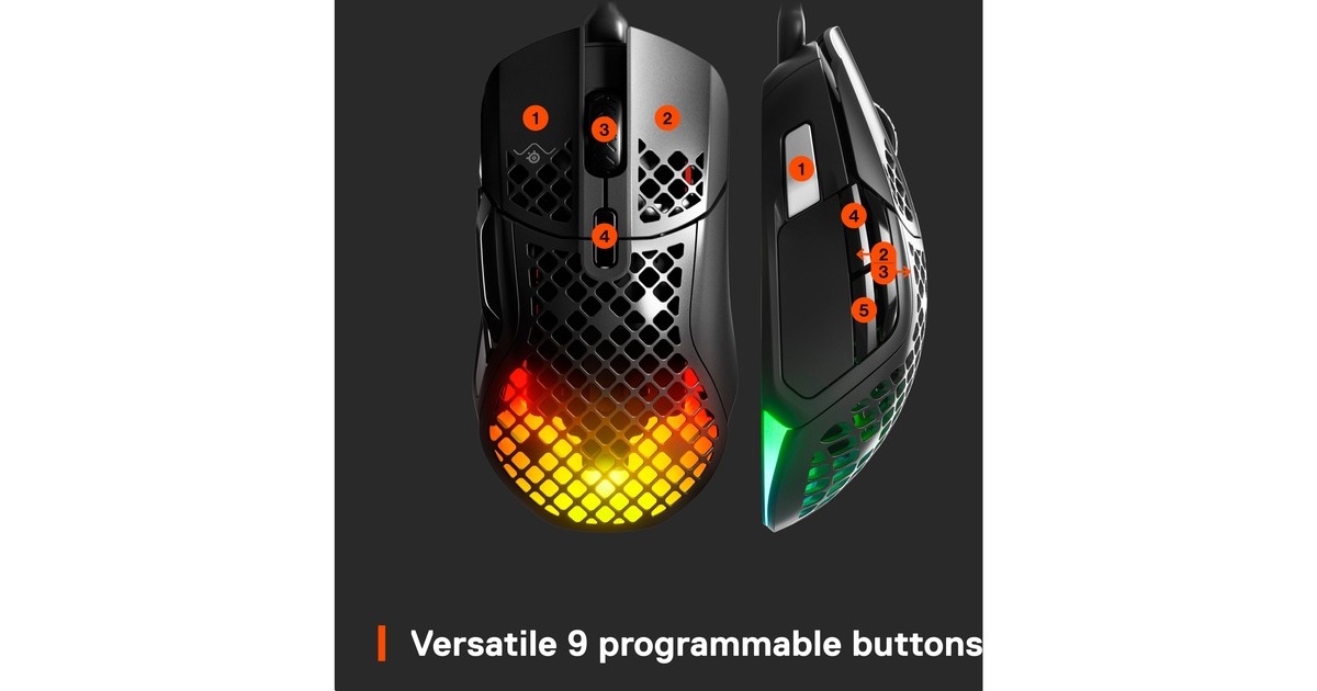 SteelSeriesAerox 5 gaming muis  (Zwart, 18.000 dpi, RGB leds)
