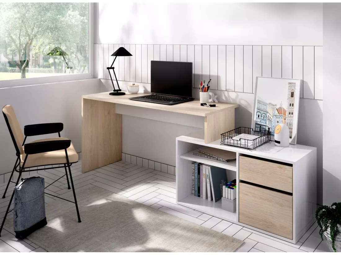 Bureau Ddiaw, Bureau multi-positions pour le bureau ou la chambre, Table d'étude d'angle polyvalente, 139x92h75 cm, Blanc et Chêne