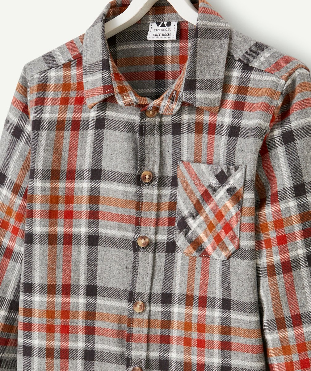 CHEMISE À CARREAUX GARÇON GRIS CHINÉ TWILL GRATTÉ