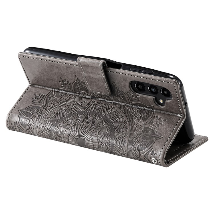 Samsung Galaxy A56 Leder Tasche Wallet - Mandala Flowers Imprint - Grau