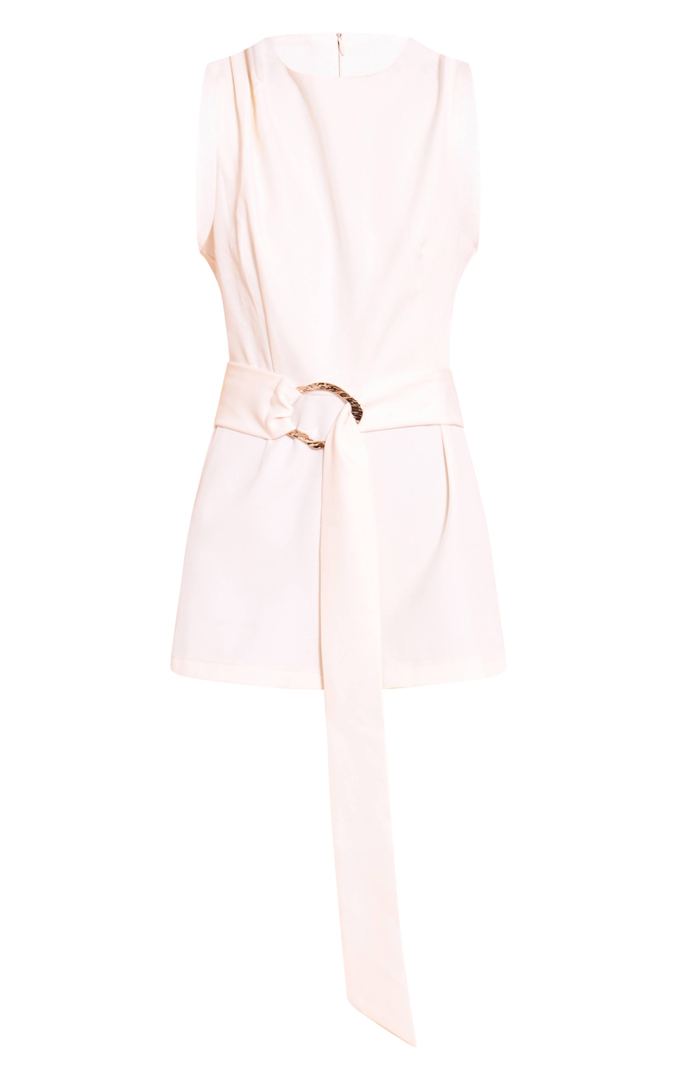 Crème Combinaison-short Ceinturée En Tissu Tissé À Col Rond
