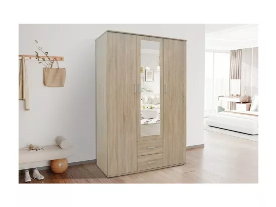 Armoire, garde-robe, avec miroir collection TOM, 3 portes 120 cm, penderie intégrée chêne sonoma