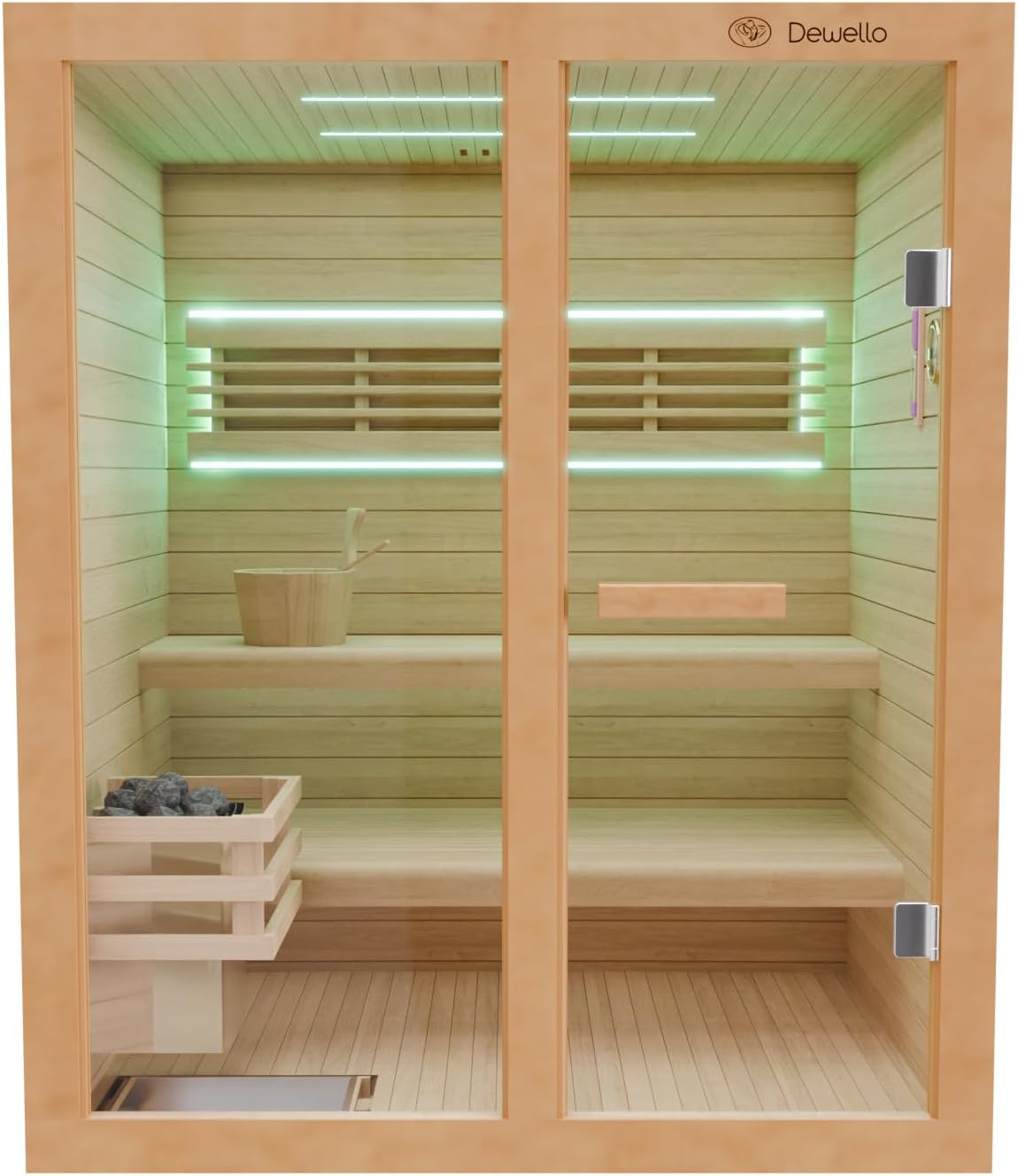 Dewello® Finnische Sauna Tofino 160x150 Kabine aus Hemlock Tannenholz mit 4,5KW HARVIA Ofen 2-3 Personen inkl. Sauna Zubehör